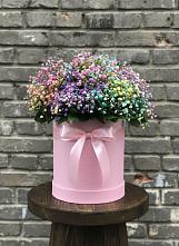 Цветочная композиция из Гипсофила и Розы в шляпной коробке в Александровское Томской области