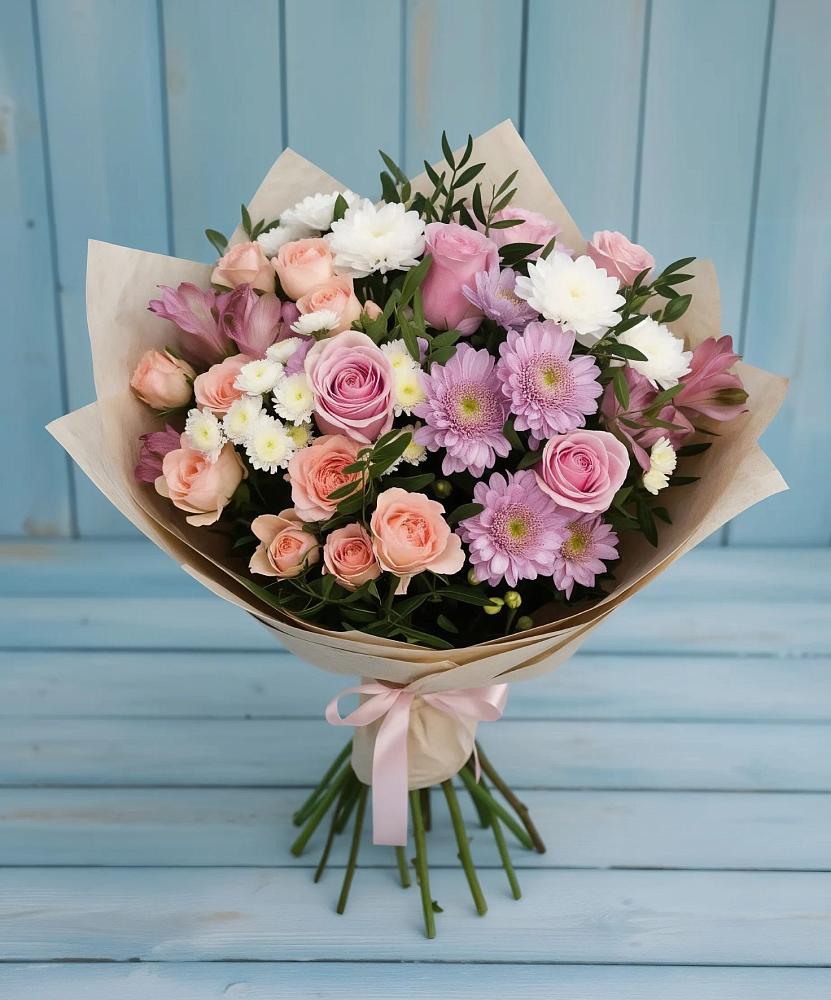 Букет цветов из: Хризантемы, Розы и Альстромерии в Александровское Томской области