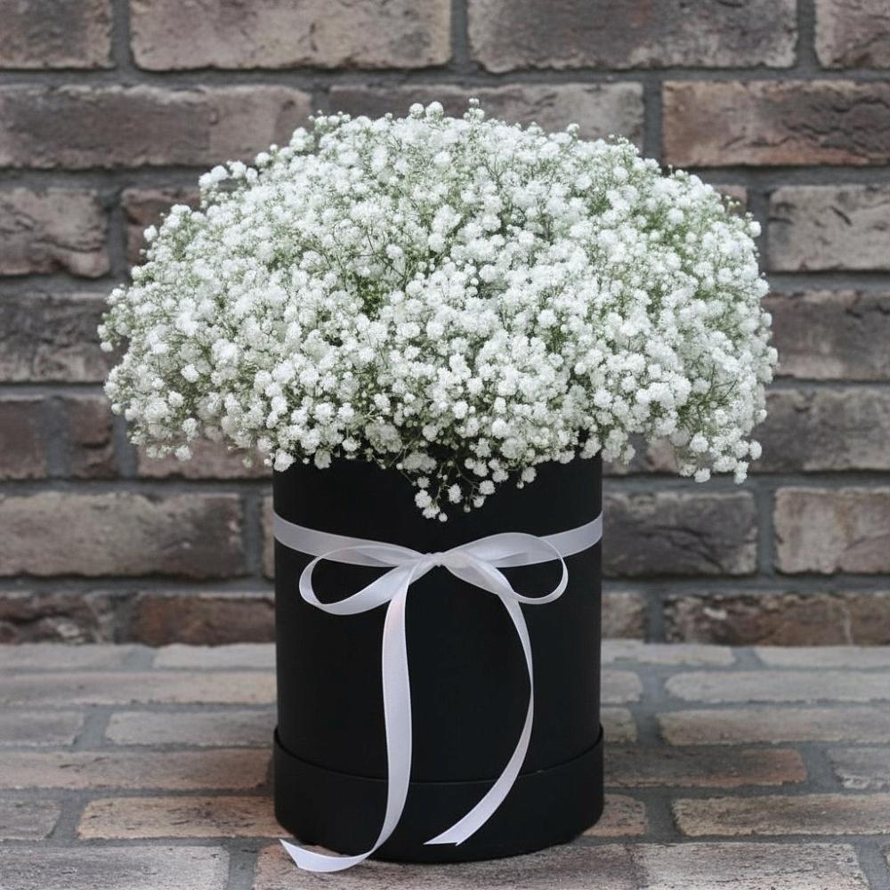 Цветочная композиция из Гипсофила в шляпной коробке в Александровское Томской области