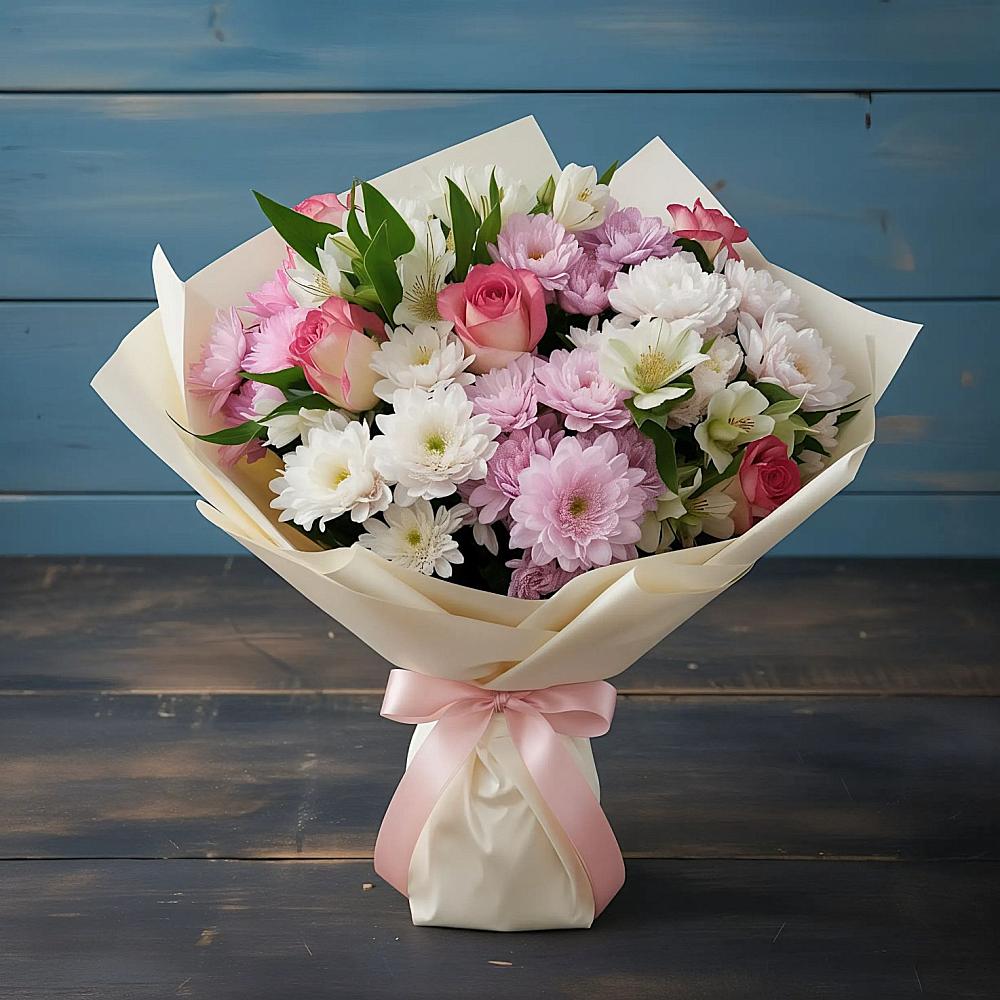 Букет цветов из: Хризантемы, Альстромерии и Розы в Александровское Томской области